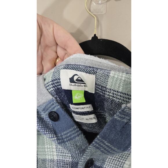 Quiksilver Mens Button UpFlannel Hoodie Blue Green Plaid Size Extra Large - Picture 3 of 8